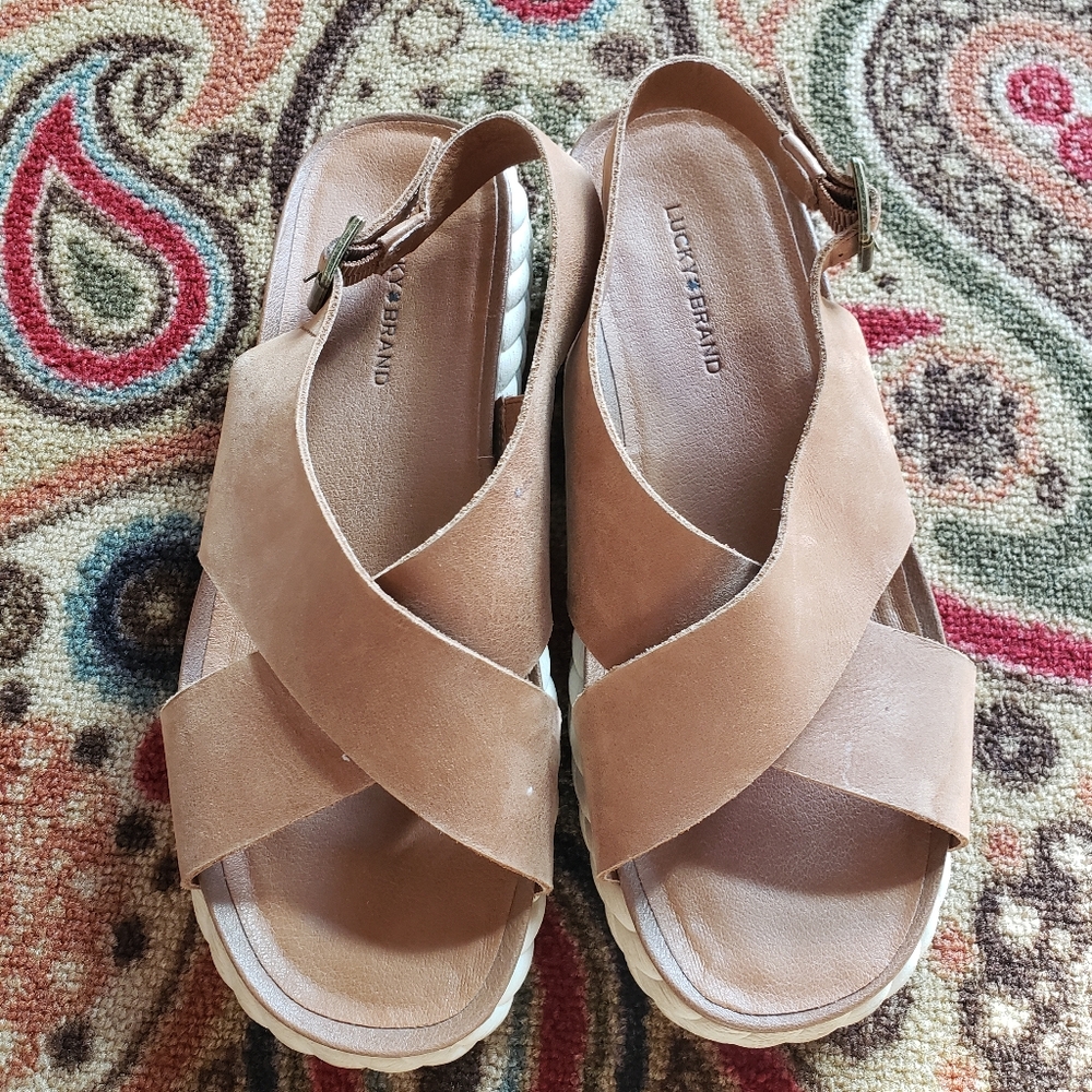 Lucky Brand Tan Leather Criss-cross Espadrille Sandals with Heel Strap